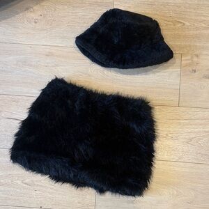 Black fur skirt & bucket hat